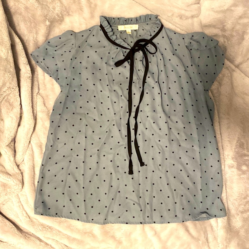 Blue and black polka dot blouse